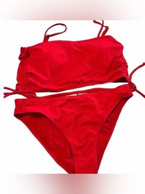 California Waves Bright Red Bandeau Bikini Swim Medium Large Ruched